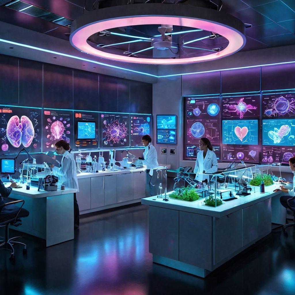A futuristic lab scene showcasing diverse scientists passionately collaborating over advanced medical equipment, surrounded by glowing holographic tumor models and heart diagrams. Incorporate vivid colors to emphasize innovation, with elements representing hope, such as glowing light and plants symbolizing life. super-realistic. vibrant colors. detailed scientific equipment.