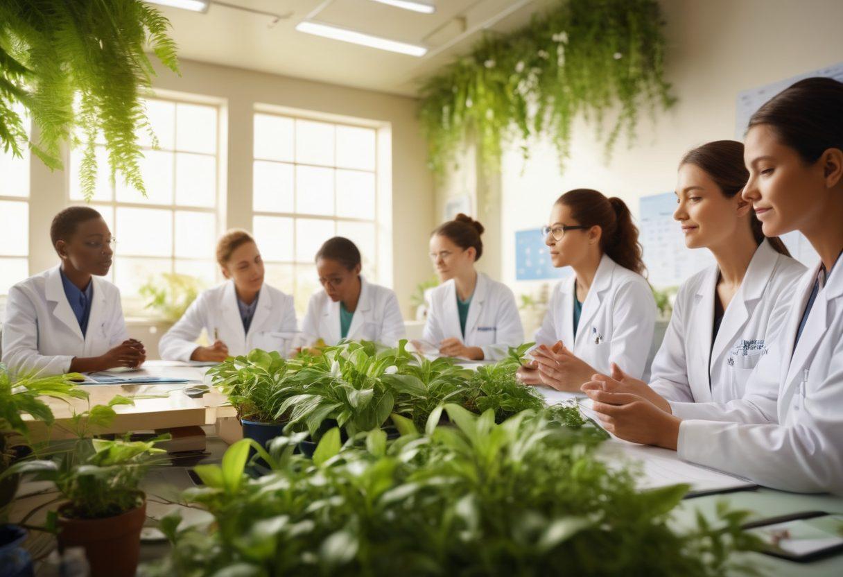 A diverse group of patients engaged in a supportive environment, surrounded by elements symbolizing hope and healing, such as green plants, gentle light, and innovative technology. Include scientists collaborating in the background, with charts and images of groundbreaking research. The atmosphere should convey strength, resilience, and holistic well-being. super-realistic. vibrant colors. soft focus.