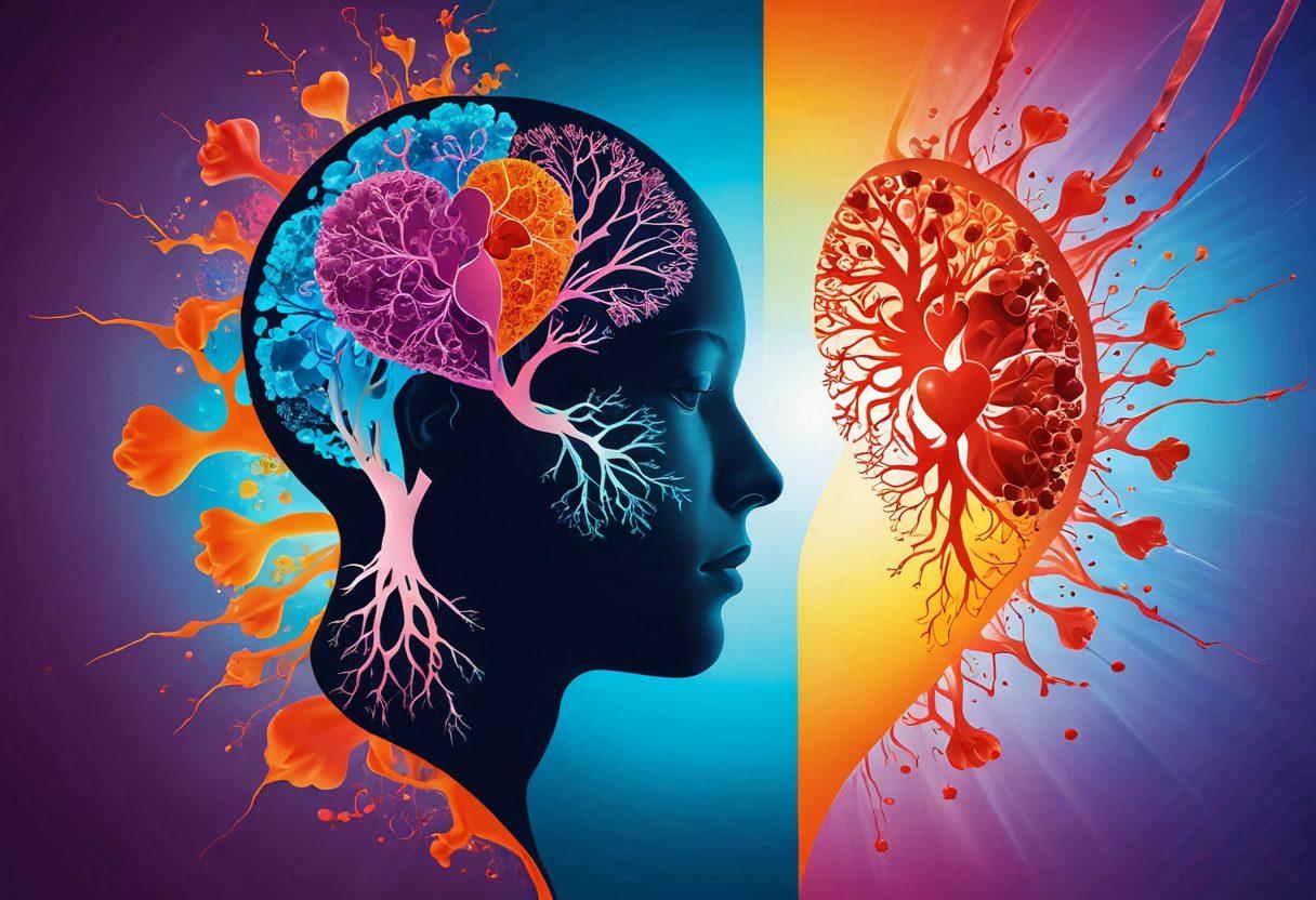 A captivating visualization of a human silhouette split into two halves: one side depicting a cancer cell and the other side showing a healthy heart, surrounded by swirling elements symbolizing research and healing. Include vibrant colors representing hope and wellness, with a background illustrating the connection between cancer research and cardiovascular health. The image should evoke a sense of transformation and recovery. super-realistic. vibrant colors. abstract background.